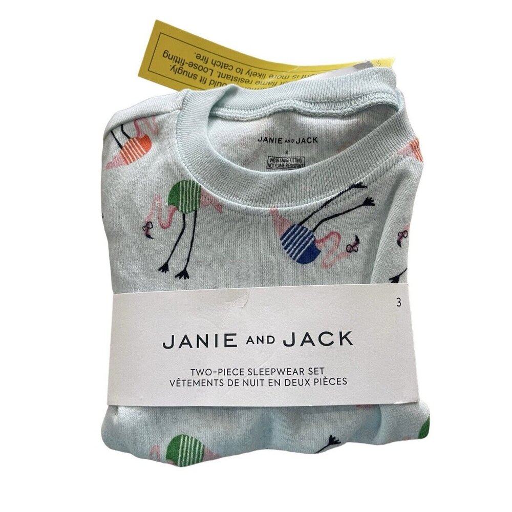 Janie And Jack Pajama Set Size 3 Flamingos 2 Piece‎ Set Green Pink NEW